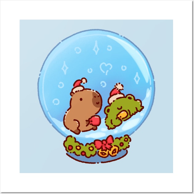 Capybara and a frog in a snow globe Wall Art by Tinyarts